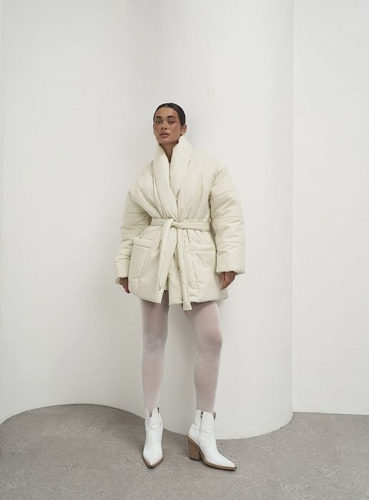 Пуховик подовжений під пояс преміум молочний - №2