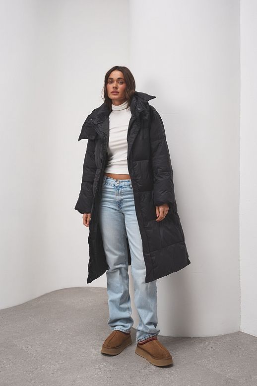 Пуховик довгий з капюшоном чорний - №2