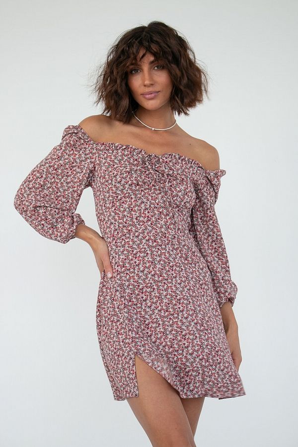 Сукня міні з роспіркою бордова в квіти D0321/17 № 2