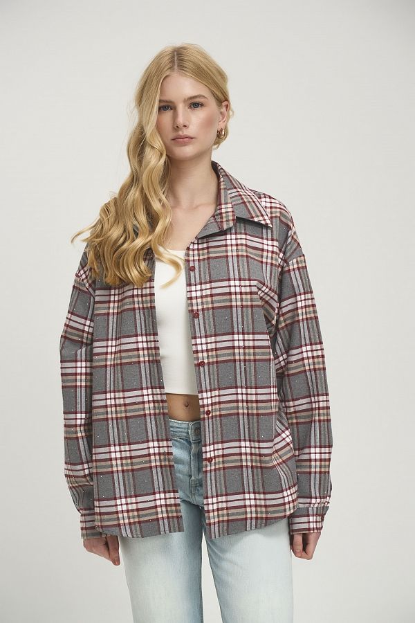 Сорочка в клітинку з камінням сіра з бордовим SR-KAM/03 #RU# Рубашка в клетку с камнями серая с бордовым SR-KAM/03 № 1