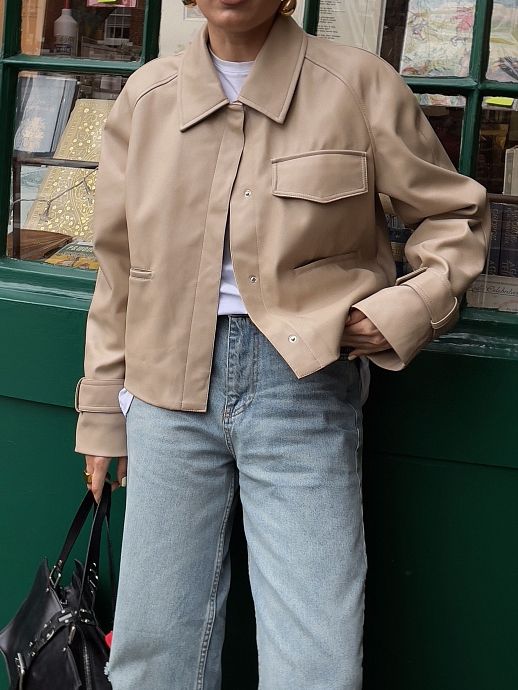 Тренч короткий екошкіра на замші бежевий