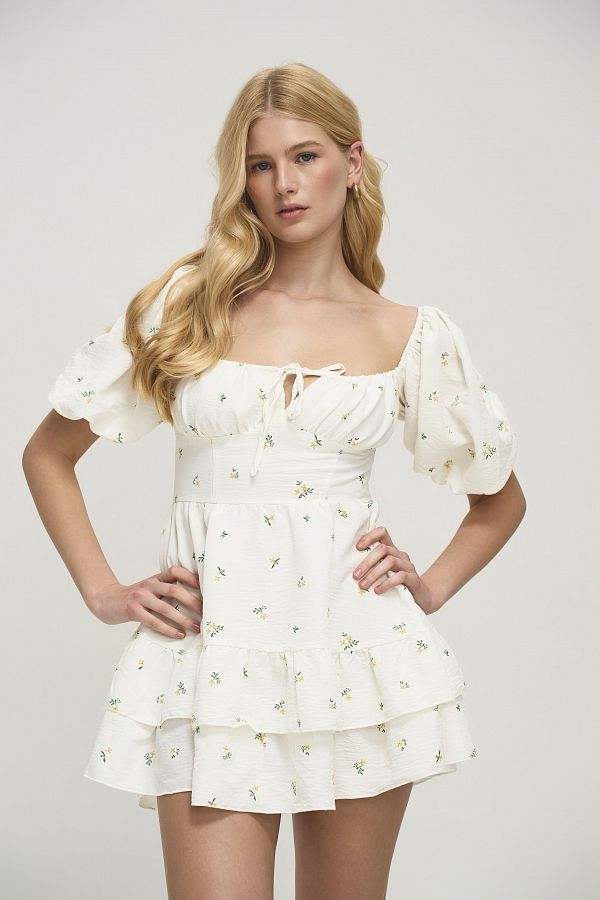 Сукня міні короткий рукав молочна в жовті квіти ССКР/2 № 1