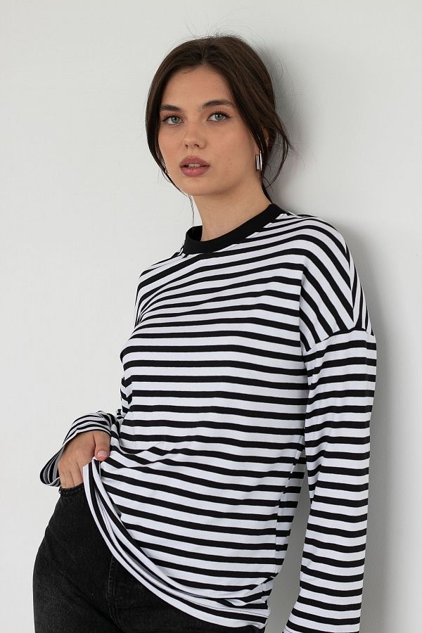 Лонгслів у смужку чорний (чорний комір) КС0123 #RU# Лонгслив черная полоска КС0123 № 4