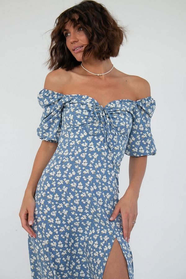 Сукня міді з роспіркою короткий рукав синя в білі квіти D0521КР/4 № 3