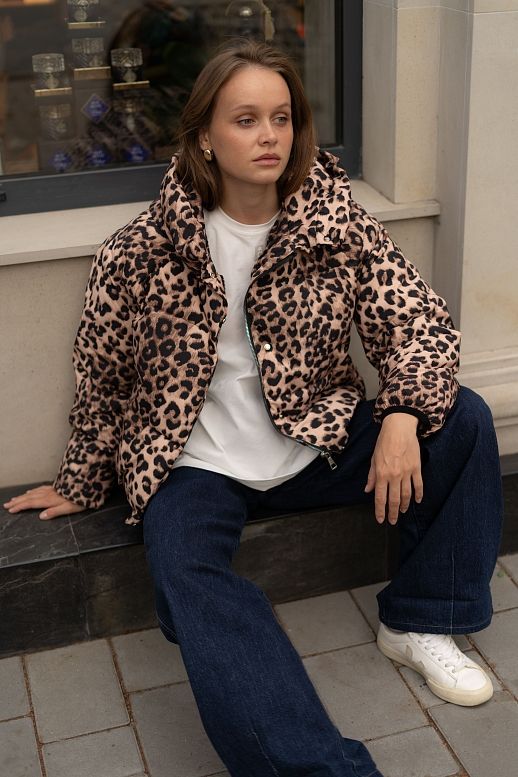Пуховик принт з капюшоном леопардовий - №2