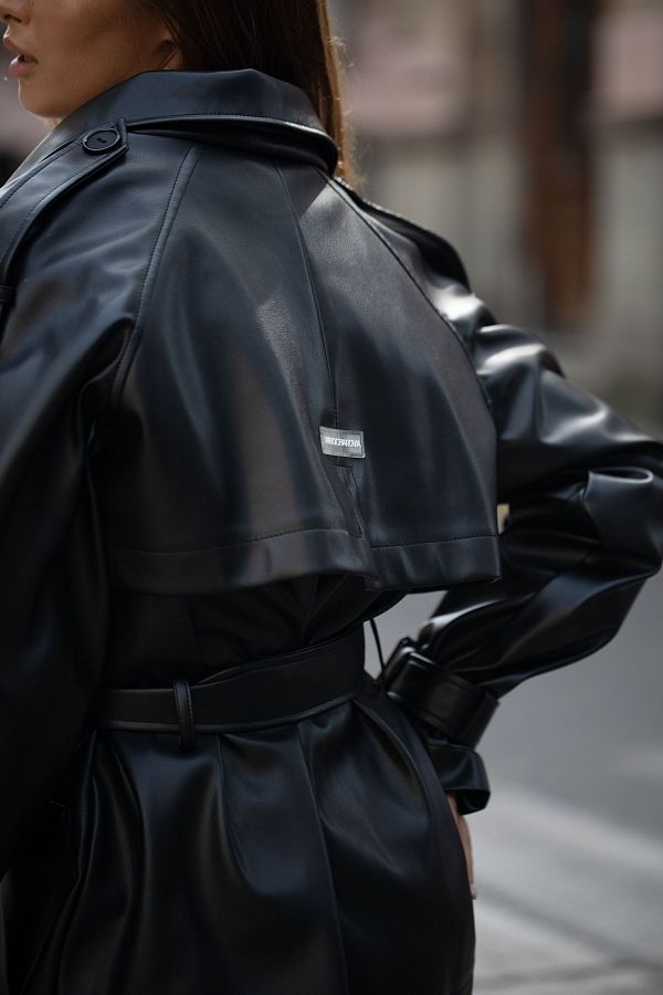 Тренч з екошкіри на замші вкорочений з поясом чорний МБКТ009 #RU# Тренч из экокожи на замше укороченный с поясом чёрный МБКТ009 № 2