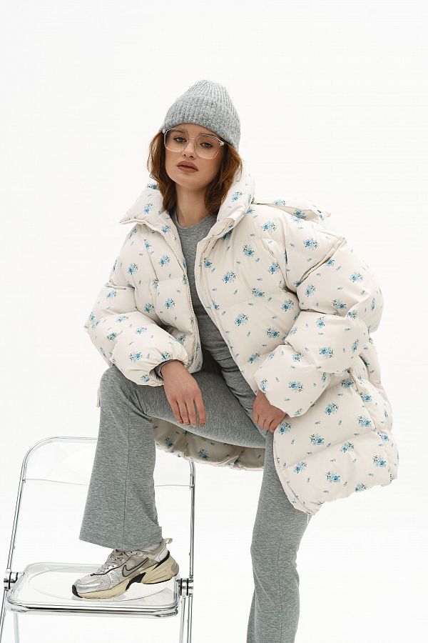 Пуховик зимовий подовжений сметанковий в квіти KZR25POD/3 #RU# Пуховик зимний удлиненный сливочный в цветы KZR25POD/3 № 4