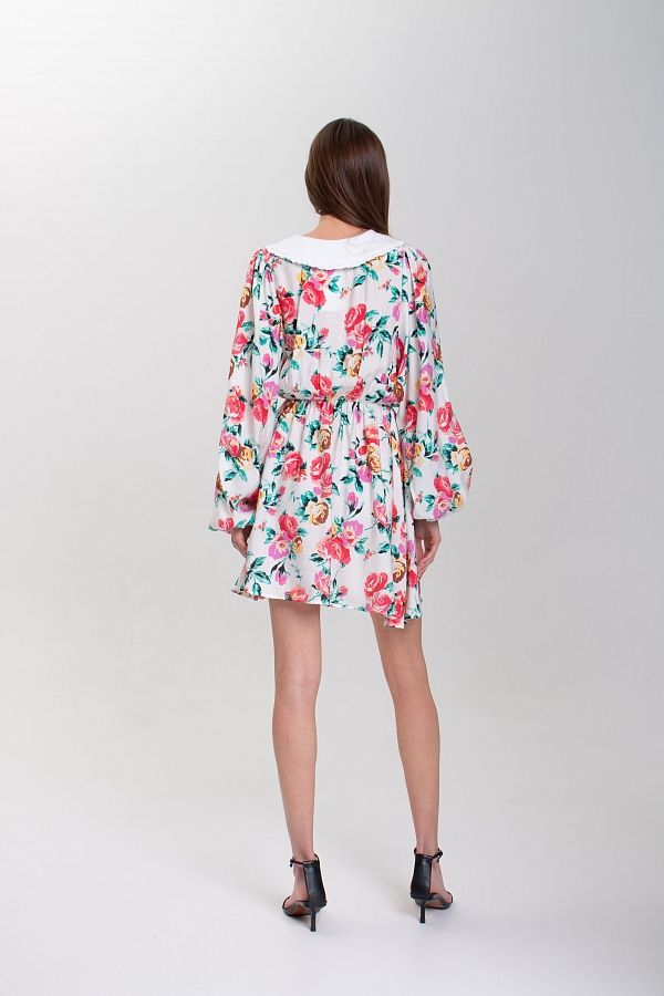 Сукня міні з білим коміром біла в рожеві квіти D0423/2 № 3