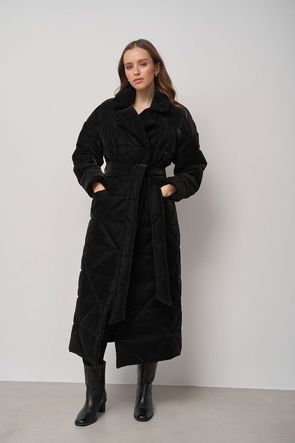 Куртка стьобана довга з поясом візерунок трикутник чорна МБПЩ001/5 #RU# Куртка стеганная длинная с поясом узор треугольник черный МБПЩ001/5 № 1