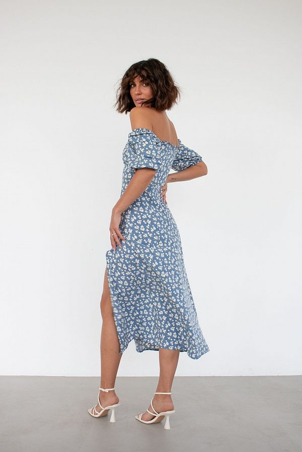 Сукня міді з роспіркою короткий рукав синя в білі квіти D0521КР/4 № 5