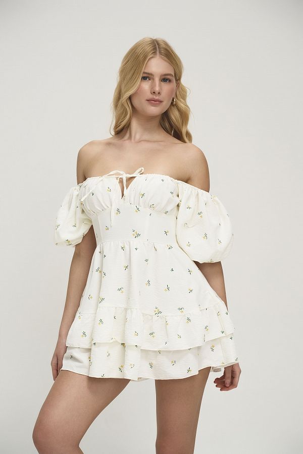 Сукня міні короткий рукав молочна в жовті квіти ССКР/2 № 7