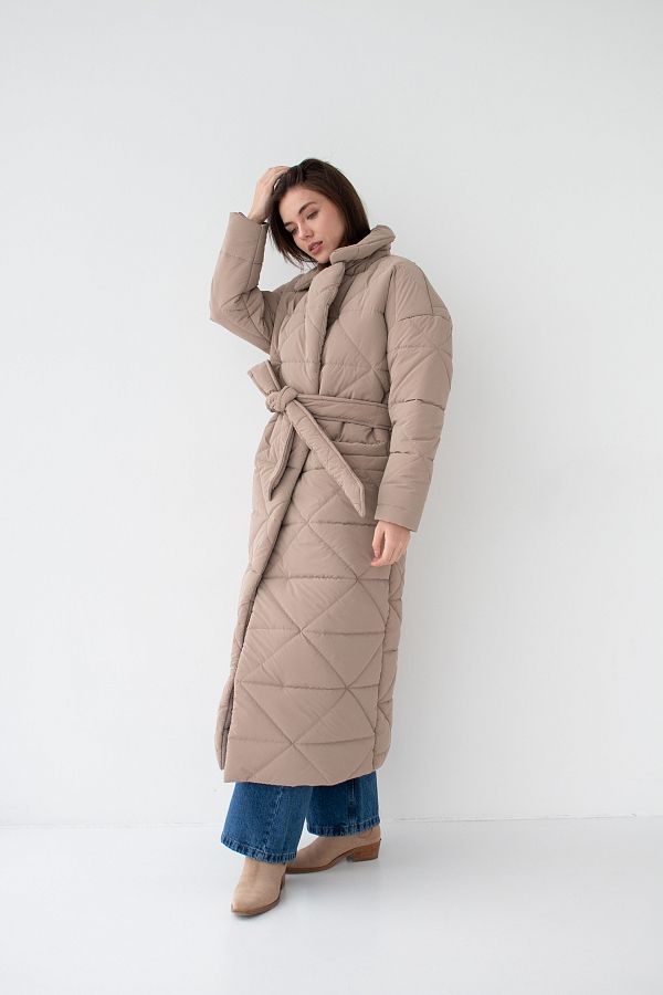 Куртка стьобана довга з поясом візерунок трикутник бежева K0722 #RU# Куртка стеганая длинная с поясом узор треугольник бежевая K0722 № 3