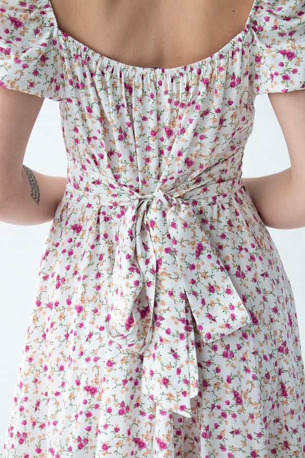 Сукня міні з поясом та рюшами молочне в рожеві квіти D0723/4 № 2