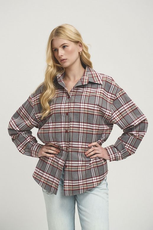 Сорочка в клітинку з камінням сіра з бордовим - №2