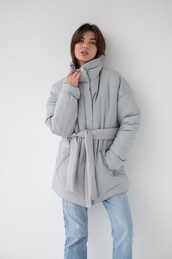 Куртка з поясом на застібці сіра К0422/3 #RU# Куртка с поясом на застежке серая К0422/3 № 1