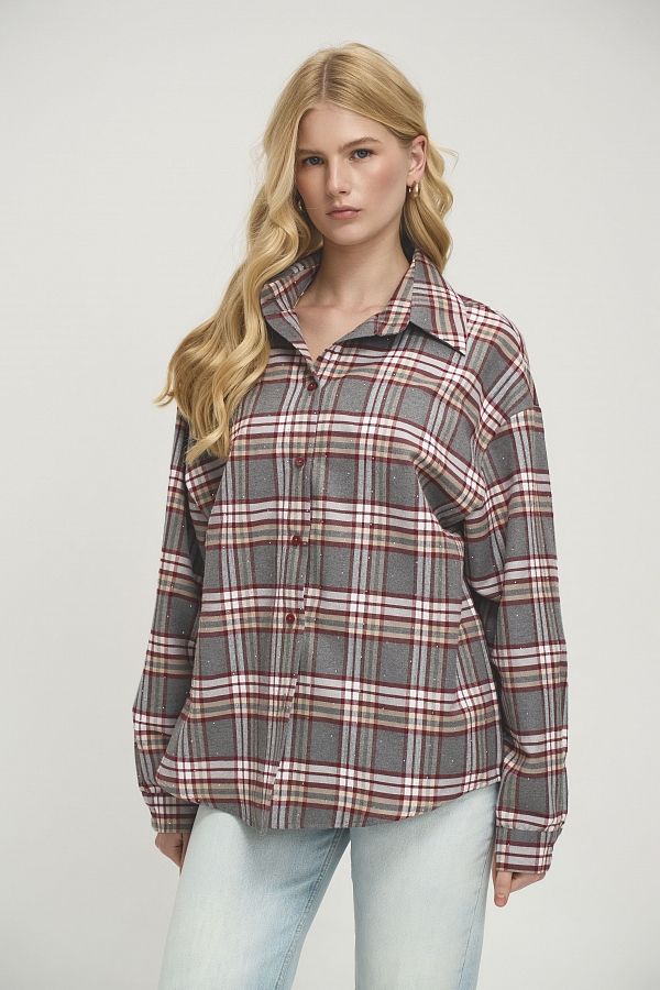 Сорочка в клітинку з камінням сіра з бордовим SR-KAM/03 #RU# Рубашка в клетку с камнями серая с бордовым SR-KAM/03 № 3