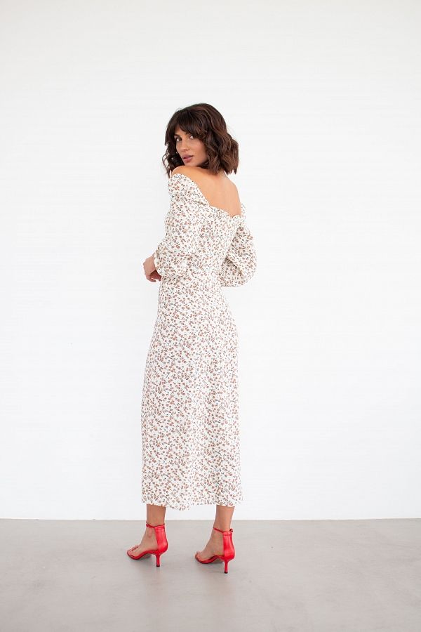 Сукня міді з роспіркою довгий рукав молочна в коричневі квіти D0521ДР/8 № 3