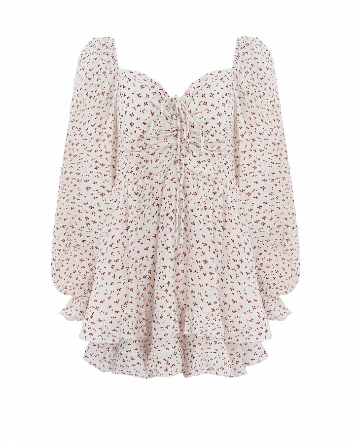 Сукня міні муслінова з рюшами молочний в ягідки D00923/1 № 2