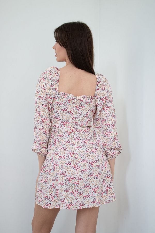 Сукня міні з роспіркою молочна в бордові гілочки D0321/9 № 3