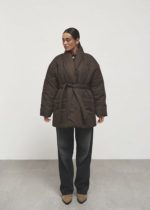 Пуховик подовжений під пояс преміум коричневий