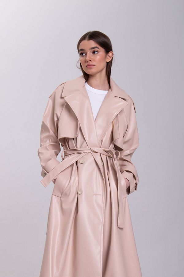 Тренч з екошкіри на тканинній основі бежевий МБ001 #RU# Тренч из экокожи на тканевой основе бежевый МБ001 № 1