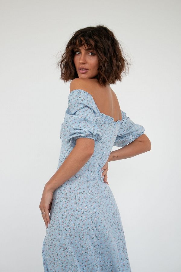 Сукня міді з роспіркою короткий рукав блакитна в білі квіти D0521КР/3 № 3