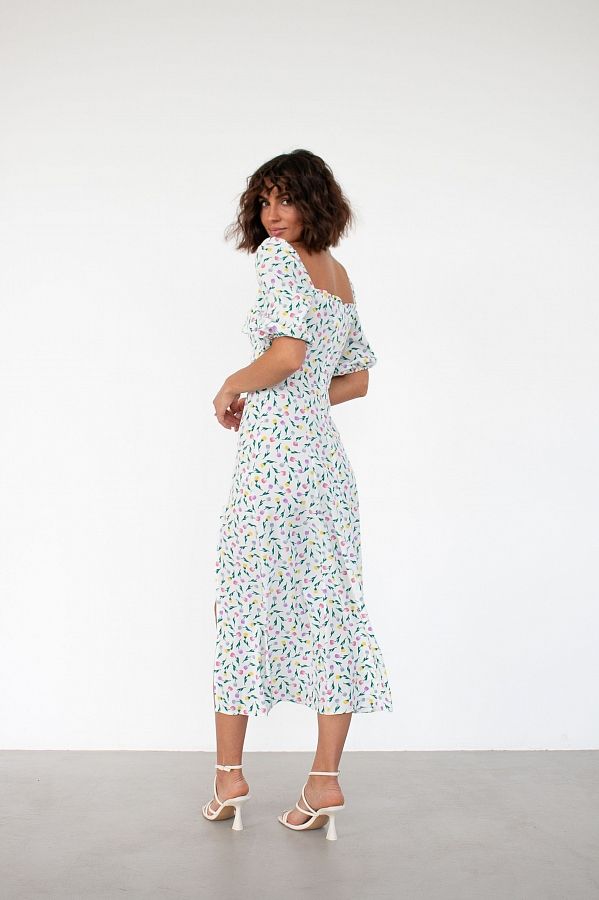 Сукня міді з роспіркою короткий рукав молочна в різнокольорові квіти D0521КР/7 № 3