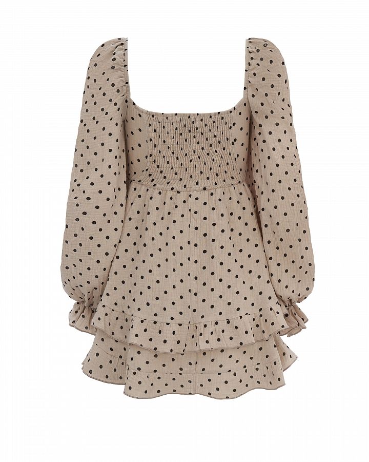 Сукня міні муслінова з рюшами бежева в чорний горох D0923 № 5