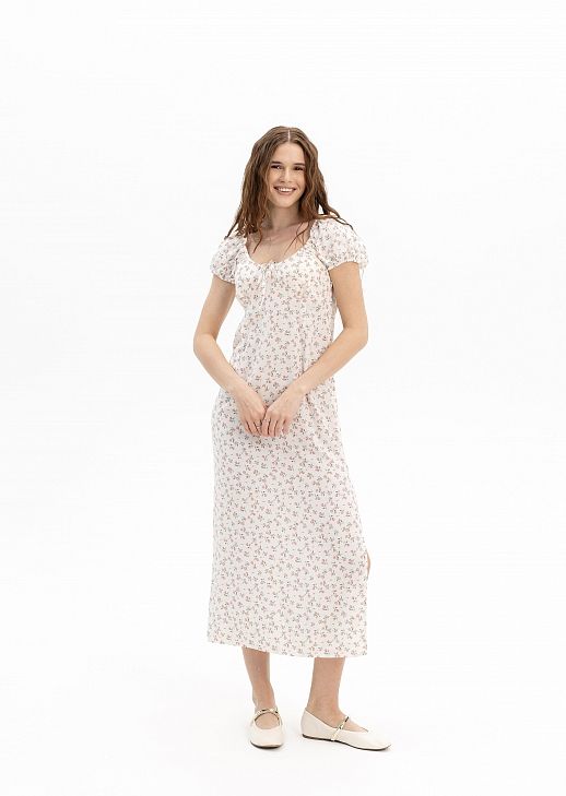 Сукня міді пряма молочна в рожеві тюльпани