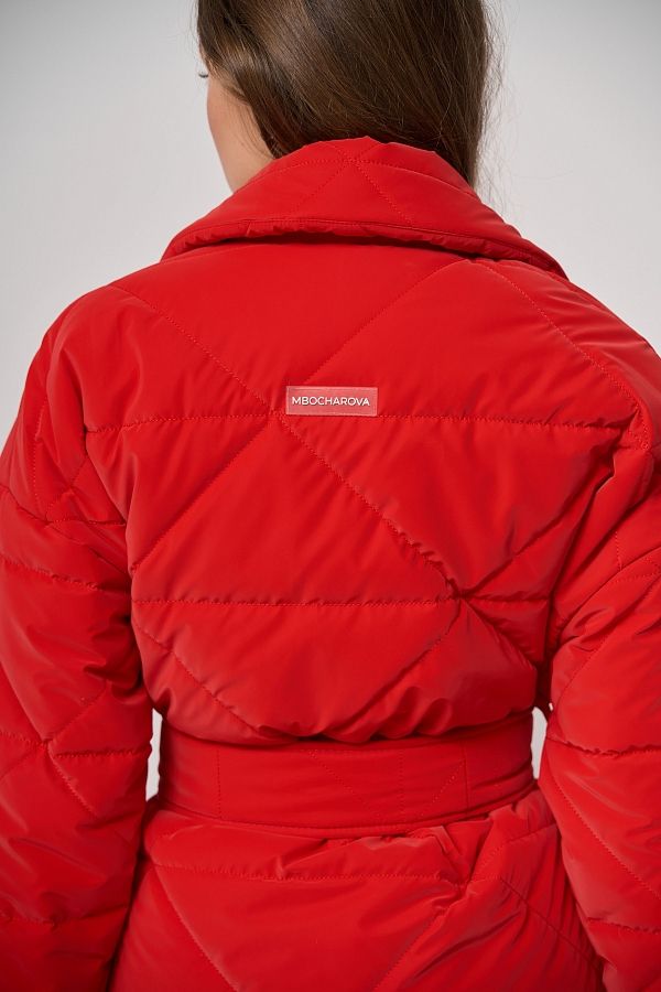 Куртка стьобана довга з поясом візерунок трикутник червона МБПЩ001/15 #RU# Куртка стеганная длинная с поясом узор треугольник красный МБПЩ001/15 № 3