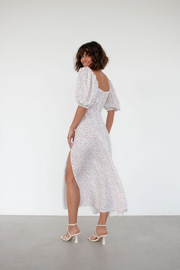 Сукня міді з двома роспірками молочна в рожеві мілкі квіти ПЛ0031/6 № 4