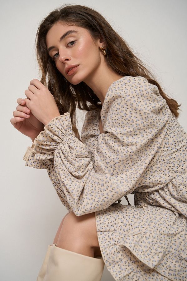 Сукня з подвійною спідницею бежева в блакитний візерунок  № 4