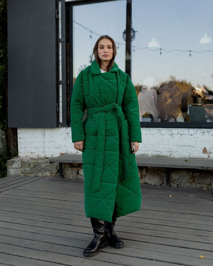 Куртка стьобана довга з поясом візерунок трикутник зелена МБПЩ001/2 #RU#  Куртка стеганная длинная с поясом узор треугольник зеленая  МБПЩ001/2 № 1