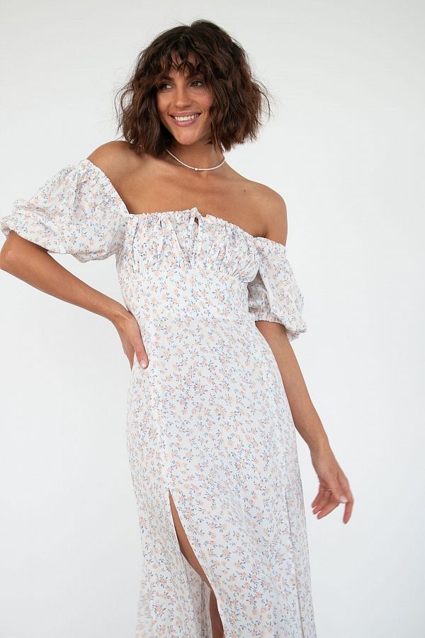 Сукня міді з двома роспірками молочна в персикові квіти ПЛ0031/5 № 4