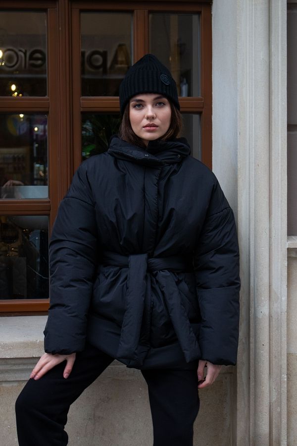 Куртка з поясом на застібці чорна К0422/2 #RU# Куртка с поясом на застежке черная К0422/2 № 1