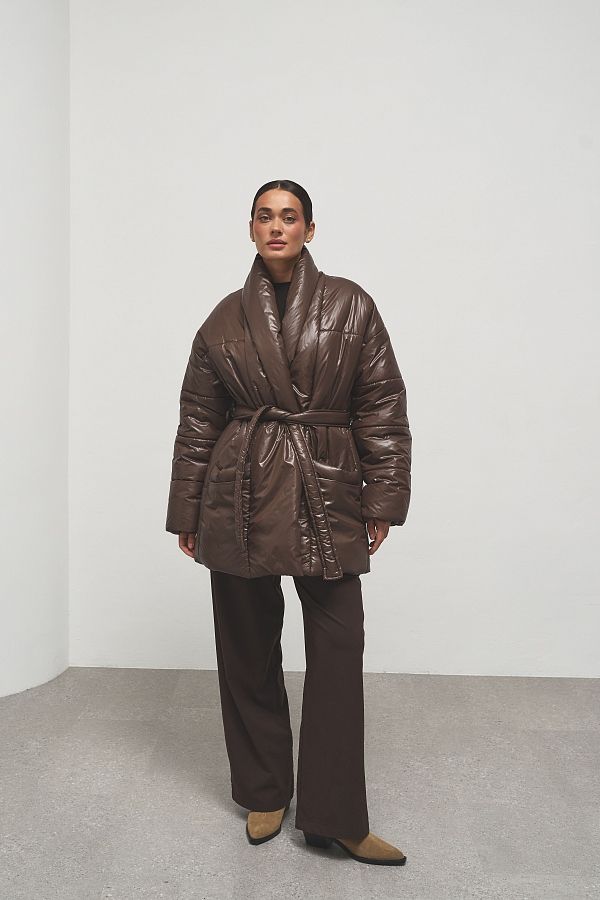 Пуховик подовжений під пояс коричневий PUHPRK10 #RU# Пуховик удлиненный под пояс коричневый PUHPRK10 № 1