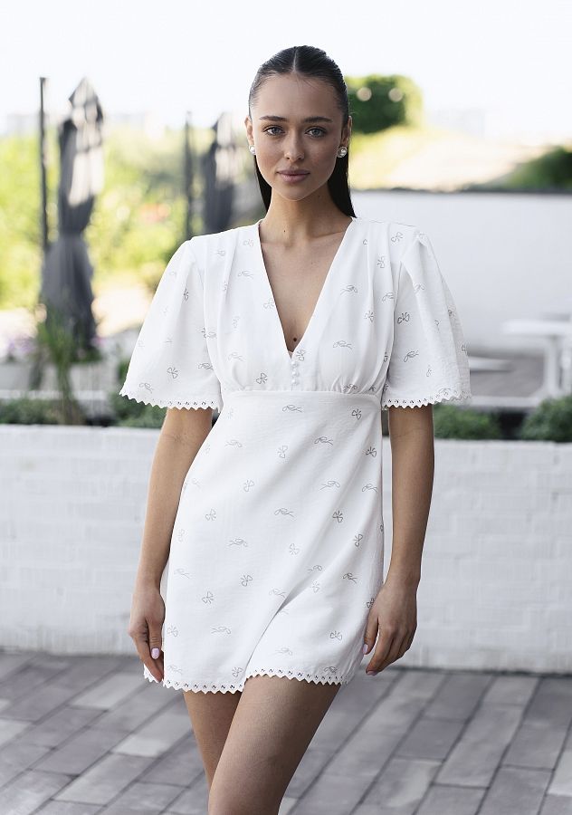 Сукня міні з гудзиками та мереживом молочна в бантики DRKOR/08 № 1
